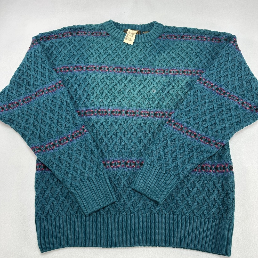 Vintage Eddie Bauer Sweater Mens Large Green Cotton Cable Knit Fair Isle Basil